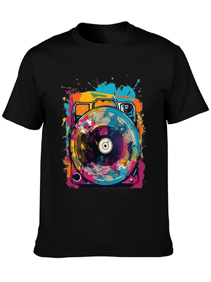 Retro Turntable Graphic Tee - Black Cotton Blend