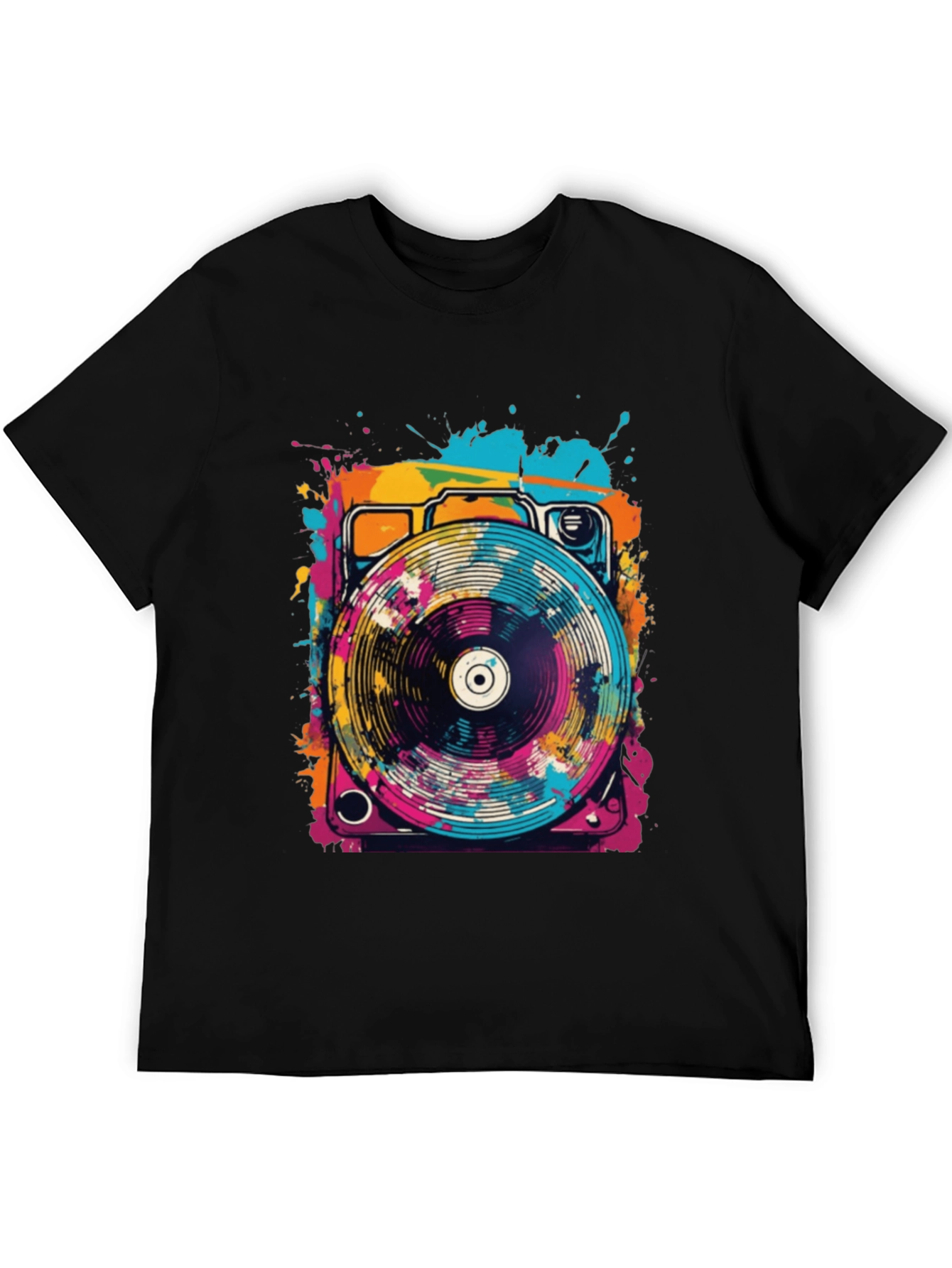 Retro Turntable Graphic Tee - Black Cotton Blend