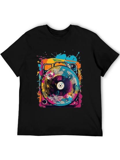 Retro Turntable Graphic Tee - Black Cotton Blend