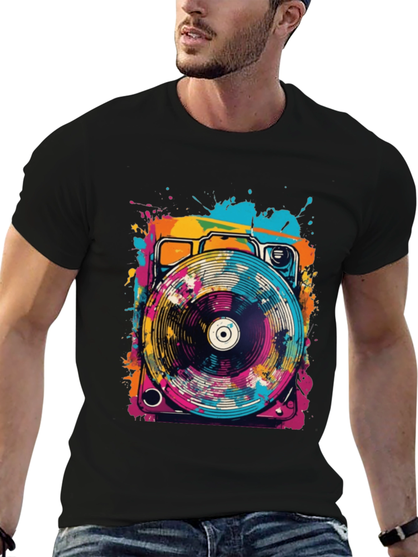 Retro Turntable Graphic Tee - Black Cotton Blend