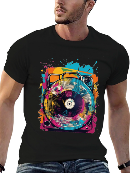 Retro Turntable Graphic Tee - Black Cotton Blend