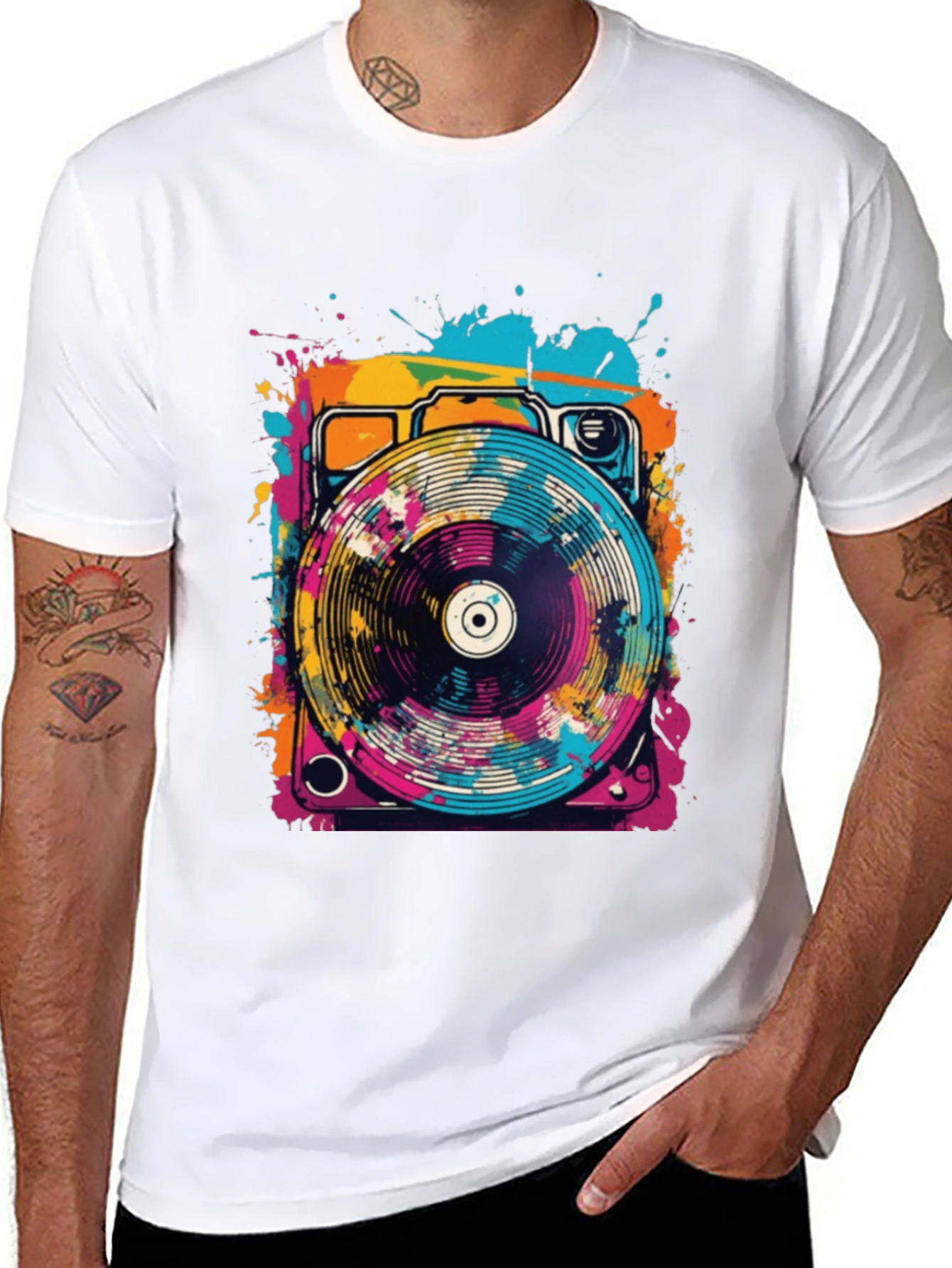Retro Turntable Graphic Tee - Black Cotton Blend