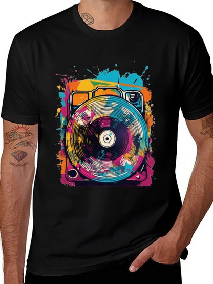 Retro Turntable Graphic Tee - Black Cotton Blend