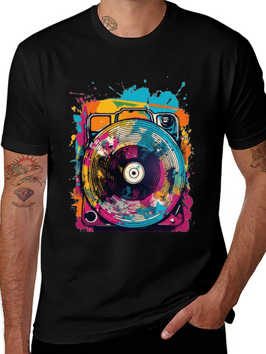 Retro Turntable Graphic Tee - Black Cotton Blend