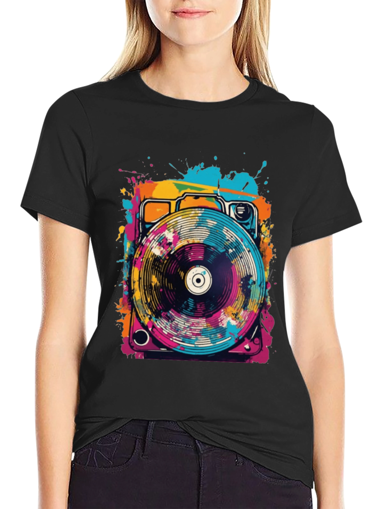 Retro Turntable Graphic Tee - Black Cotton Blend
