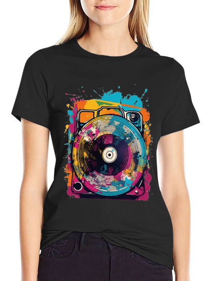 Retro Turntable Graphic Tee - Black Cotton Blend
