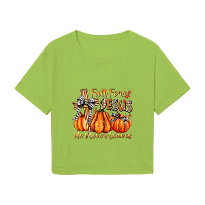 Fall For Jesus He Never Leaves Autumn Faith Cropped T?Shirt