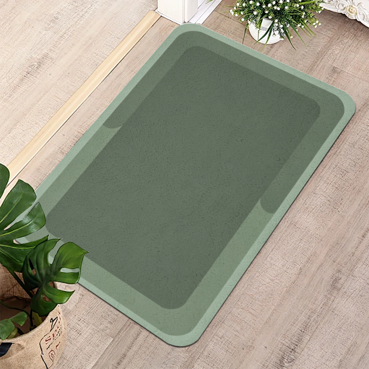 Morandi Green Minimal Border£üMorandi Green Simple Geometric Border Diatomite Mat, Elegant Modern Non?Slip Absorbent Bathroom Rug