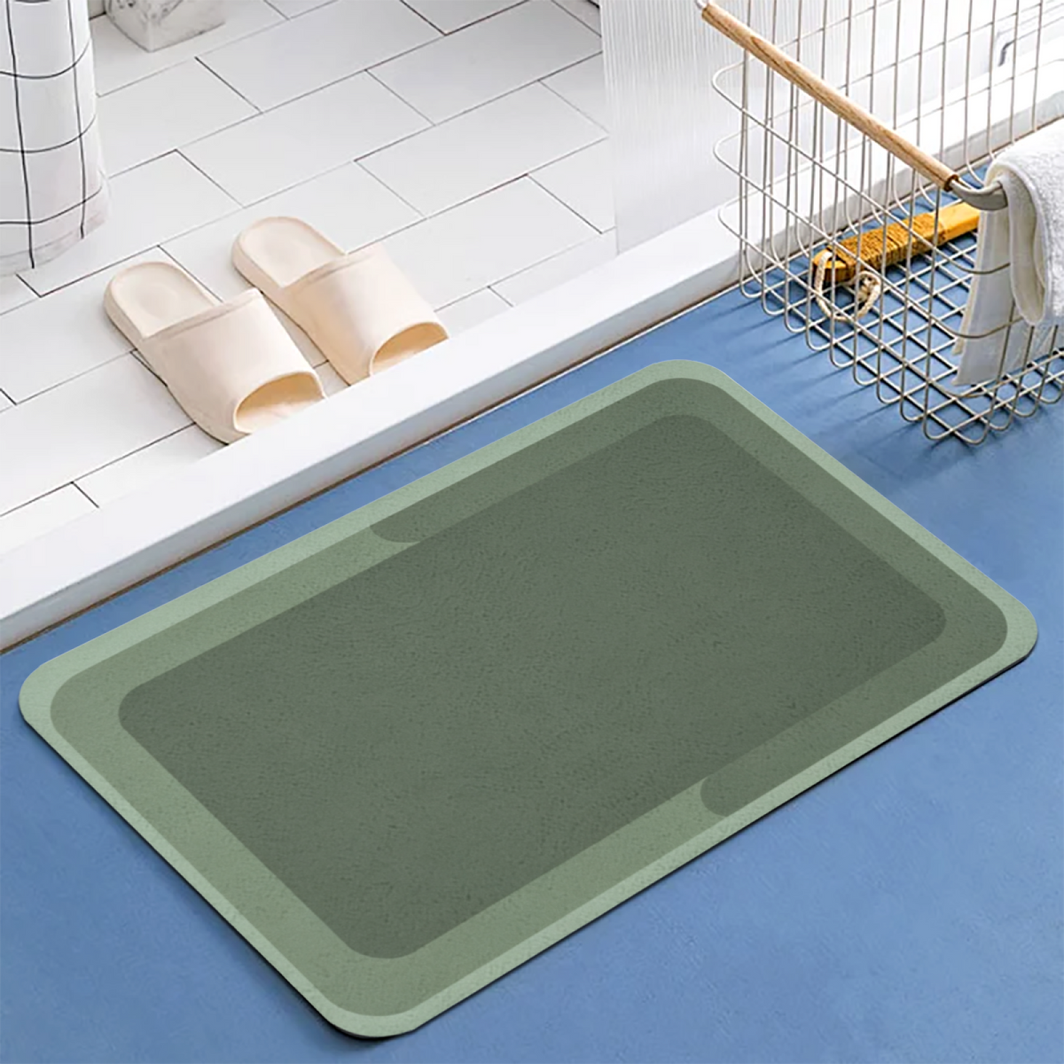 Morandi Green Minimal Border£üMorandi Green Simple Geometric Border Diatomite Mat, Elegant Modern Non?Slip Absorbent Bathroom Rug