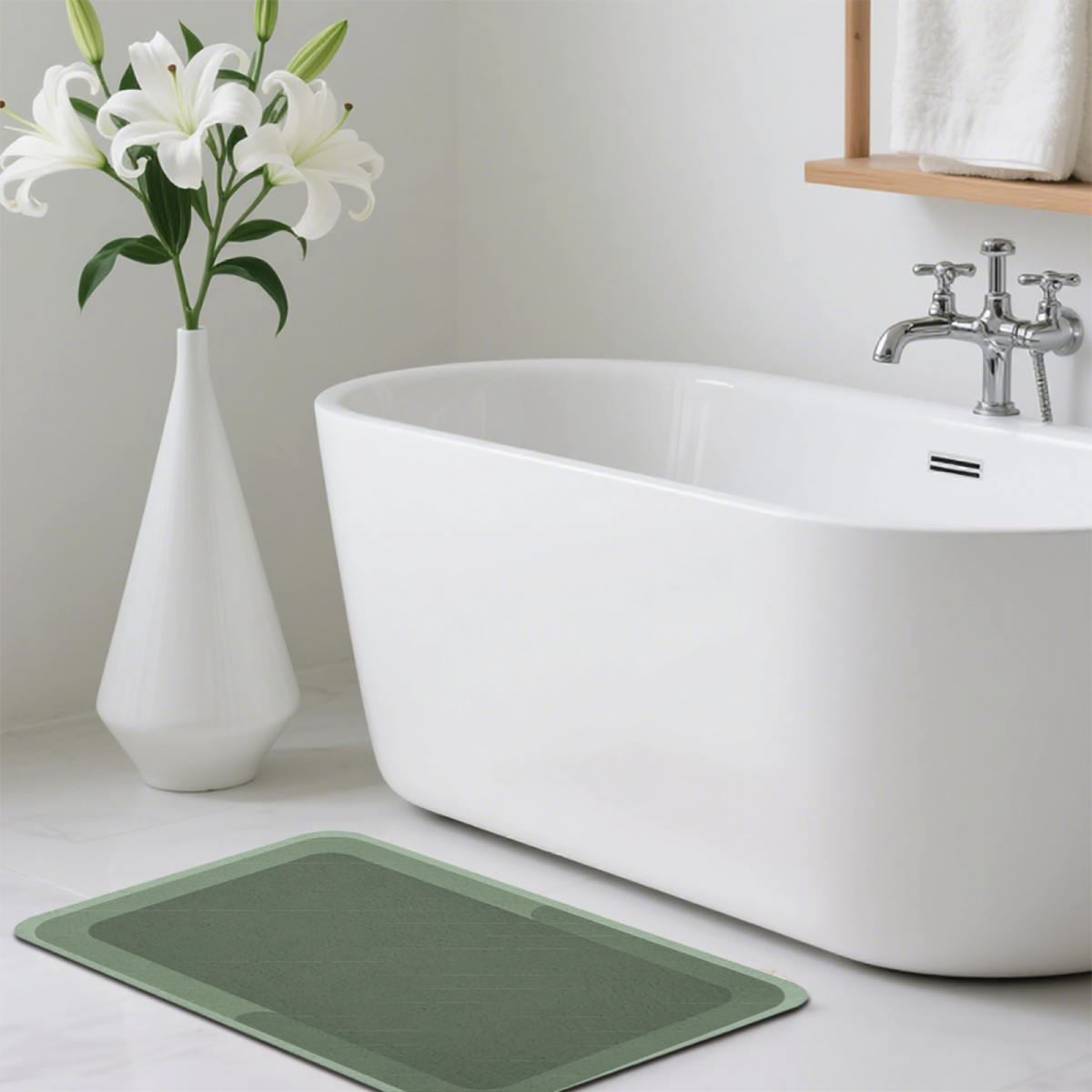 Morandi Green Minimal Border£üMorandi Green Simple Geometric Border Diatomite Mat, Elegant Modern Non?Slip Absorbent Bathroom Rug
