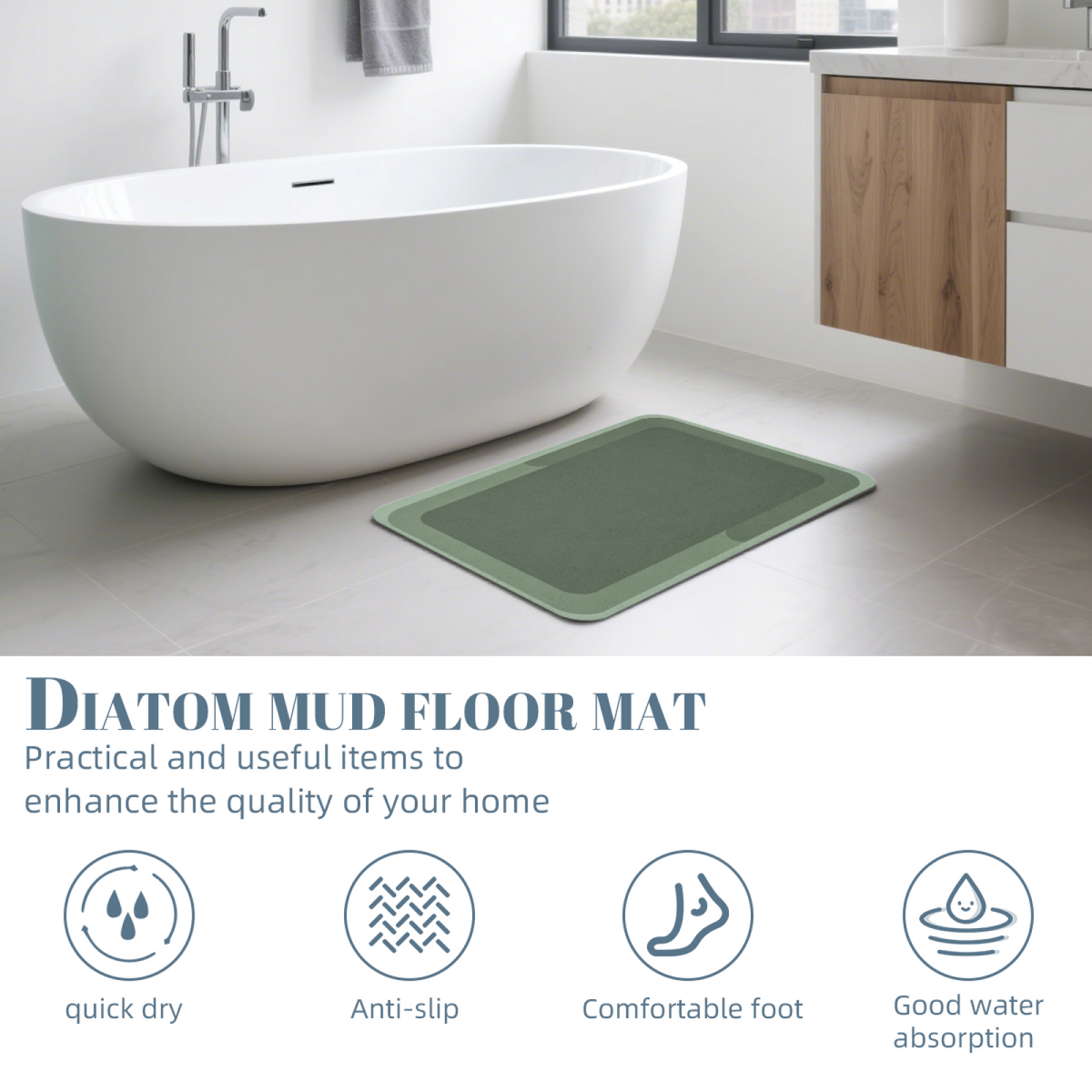 Morandi Green Minimal Border£üMorandi Green Simple Geometric Border Diatomite Mat, Elegant Modern Non?Slip Absorbent Bathroom Rug