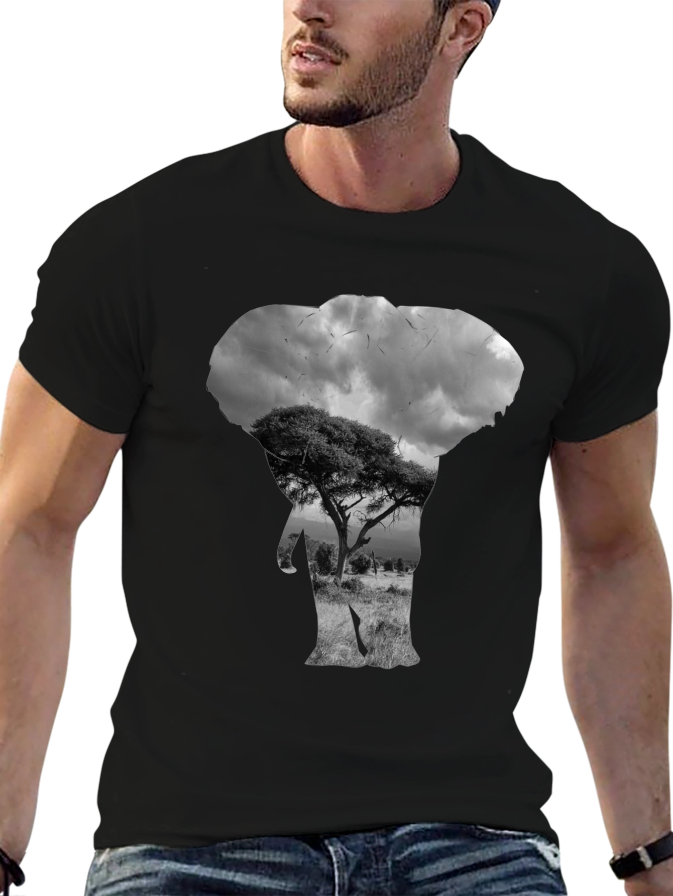 Elephant Silhouette Graphic Black T-Shirt
