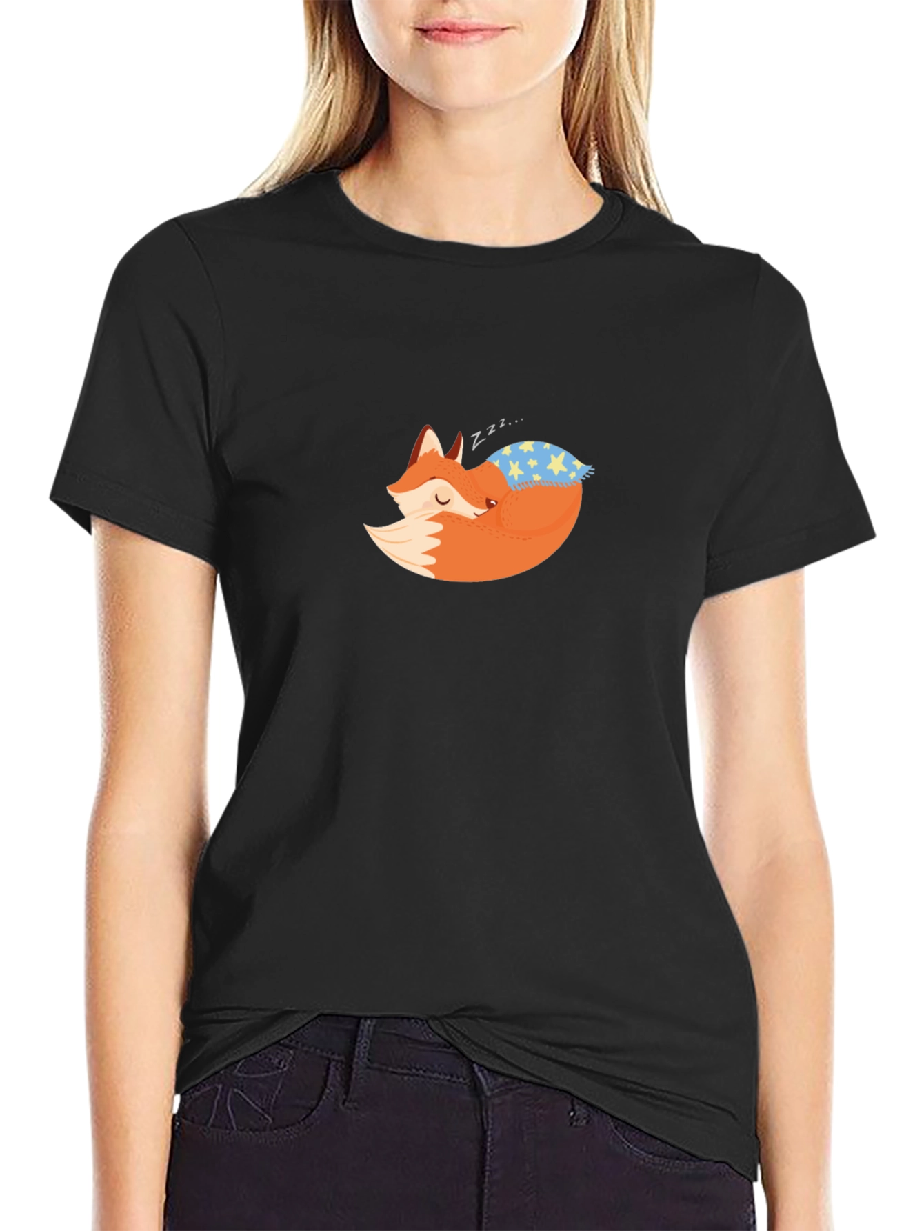Fox Sleeping on Pillow Black T-Shirt