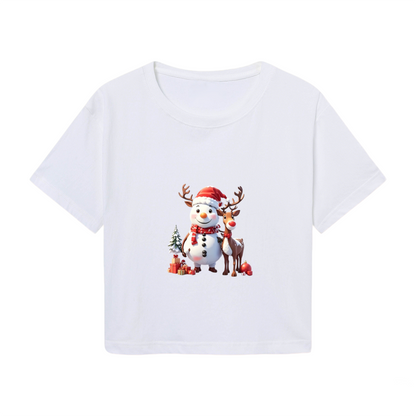 3D Cute Snowman & Reindeer X?mas Holiday Crop Tee