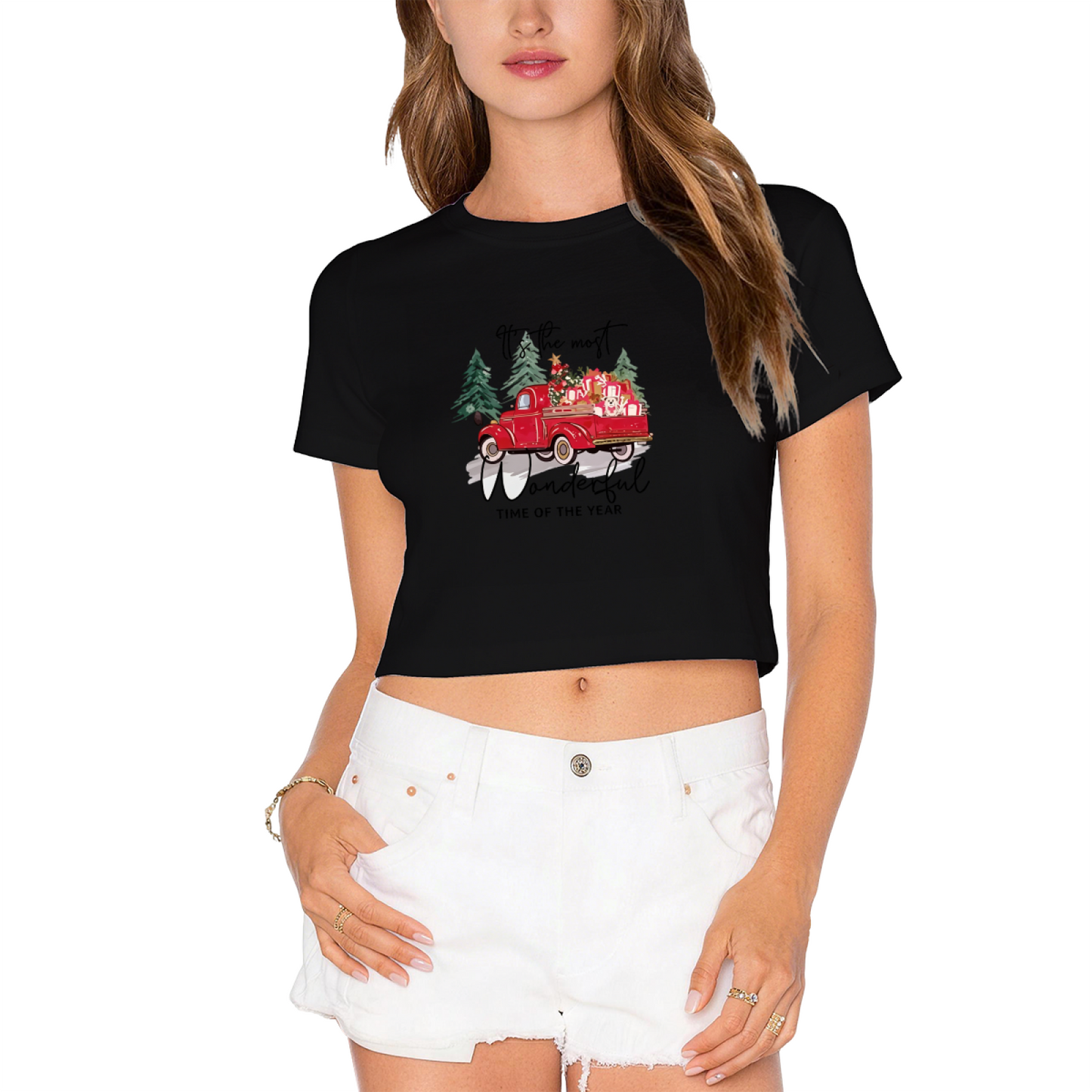 Vintage Red Truck Christmas Holiday Crop Tee