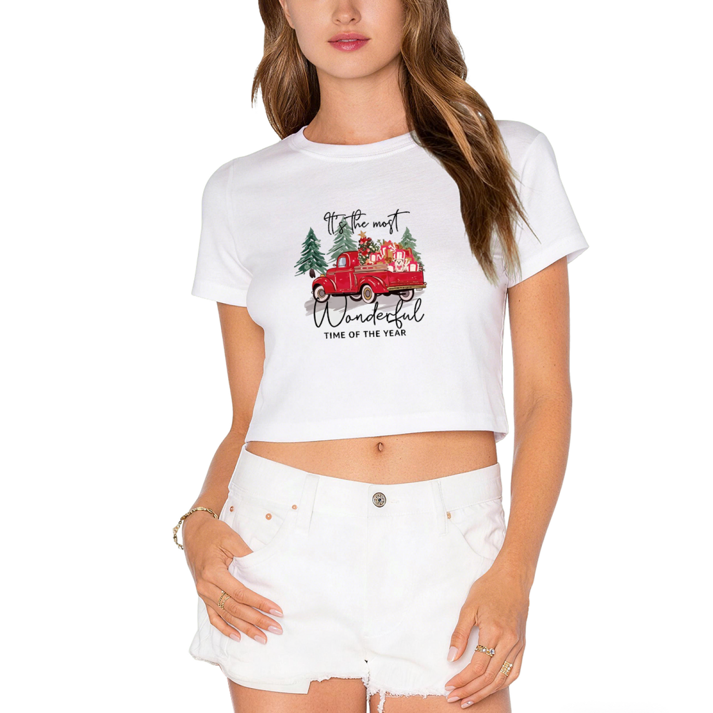 Vintage Red Truck Christmas Holiday Crop Tee