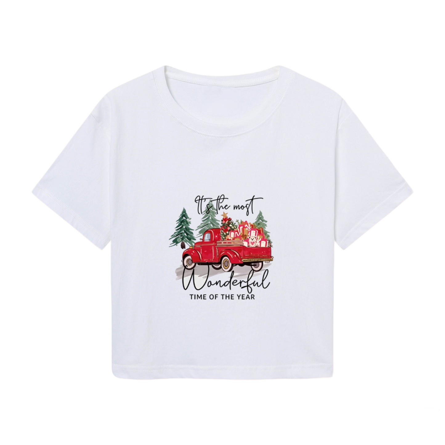 Vintage Red Truck Christmas Holiday Crop Tee