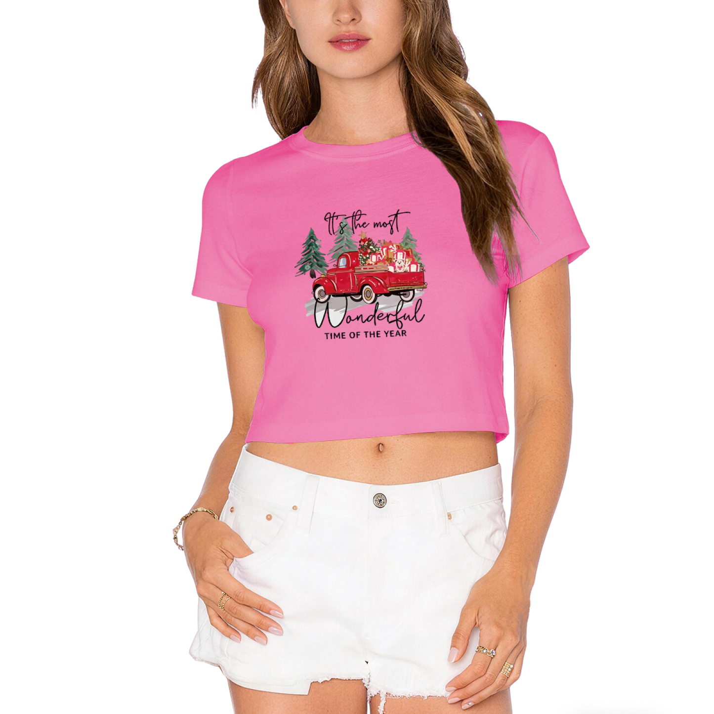 Vintage Red Truck Christmas Holiday Crop Tee