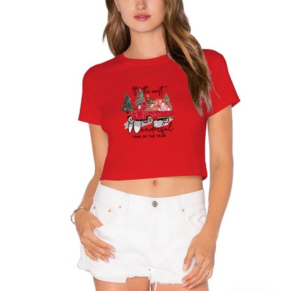 Vintage Red Truck Christmas Holiday Crop Tee