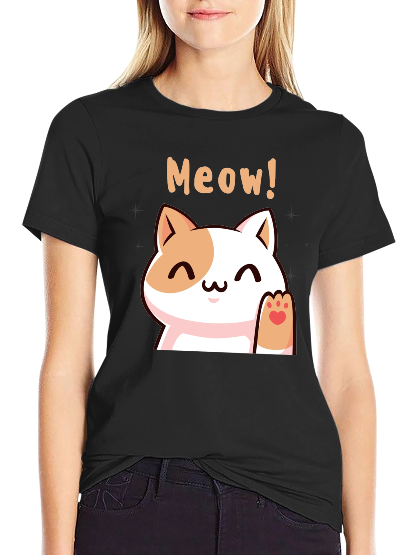 Cute Meow Cat Black T-Shirt