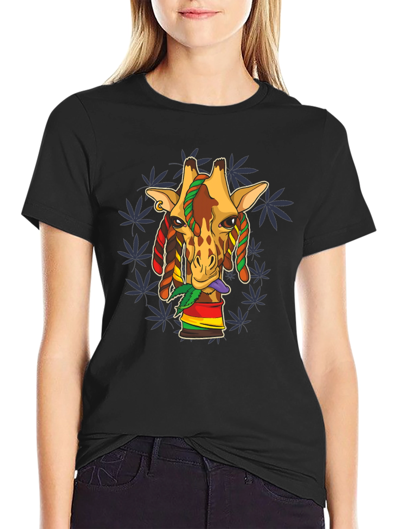 Rasta Giraffe Graphic Tee - Black Cotton Blend