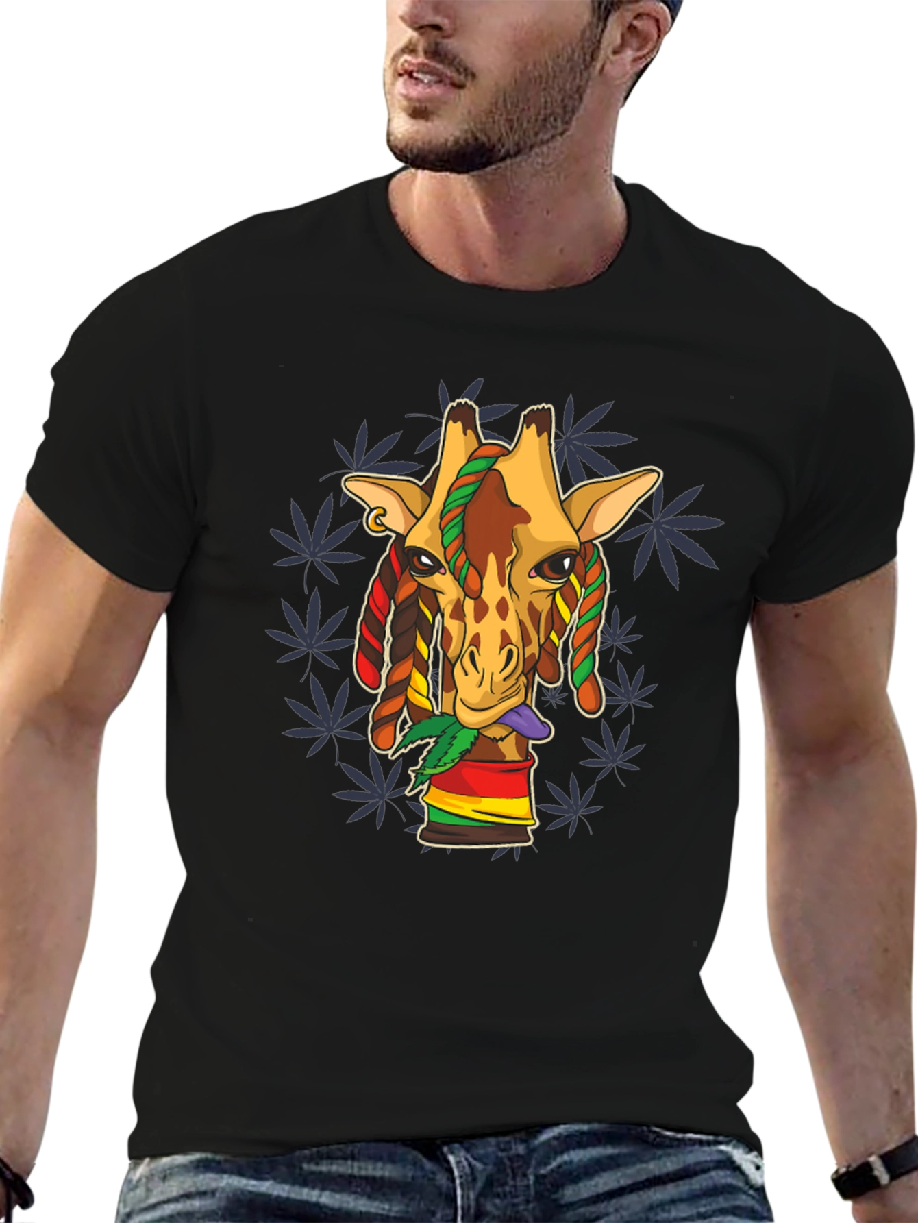 Rasta Giraffe Graphic Tee - Black Cotton Blend