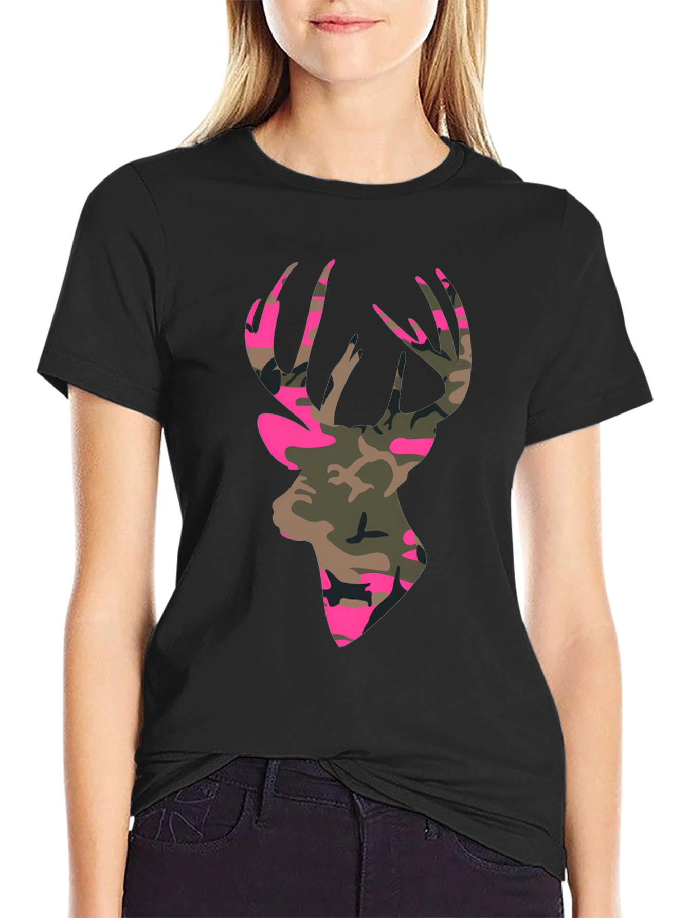 Camo Deer Head Graphic Tee - Mens Black T-Shirt