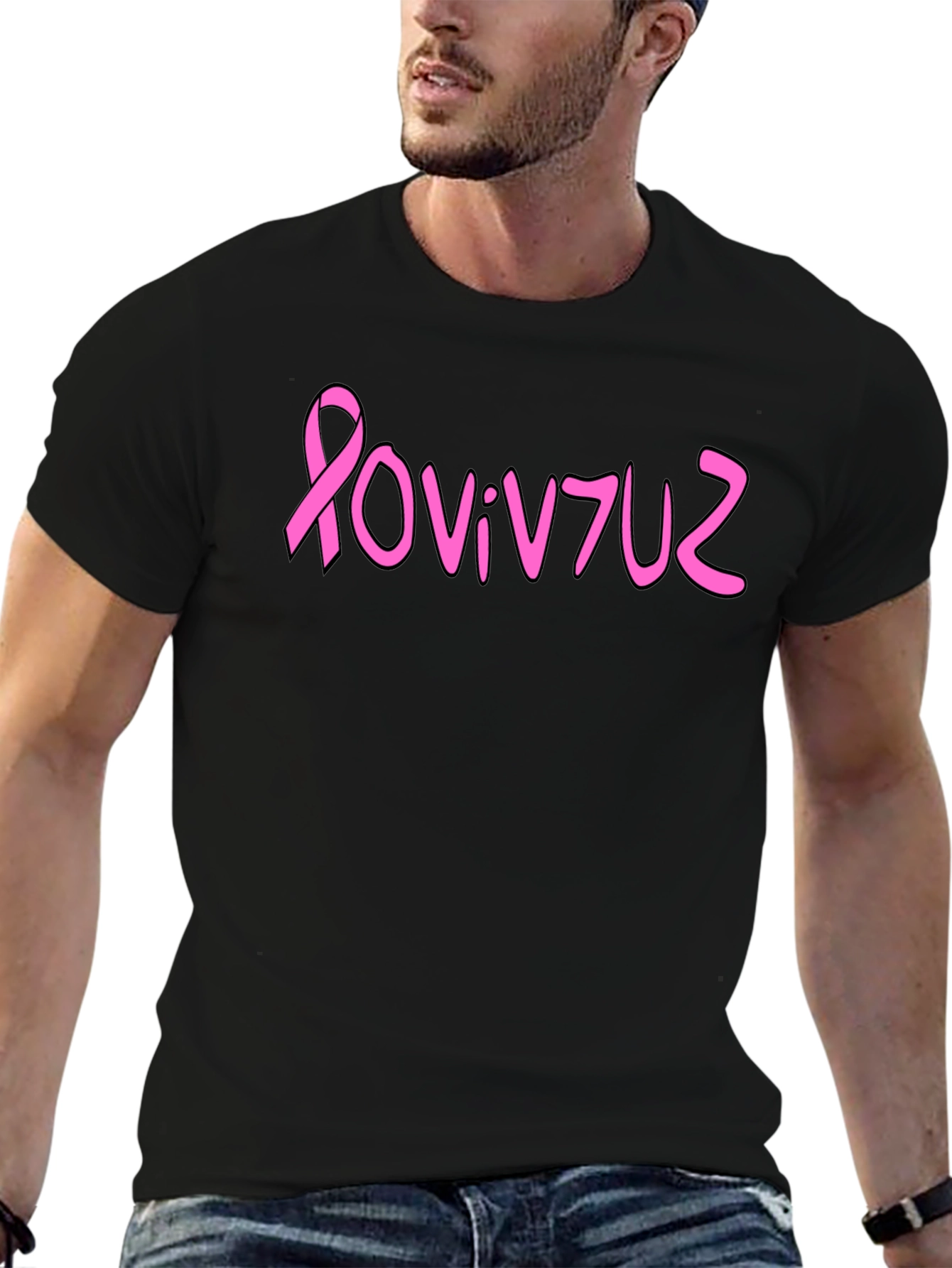 Pink Ribbon Graphic Tee - Black Cotton Blend