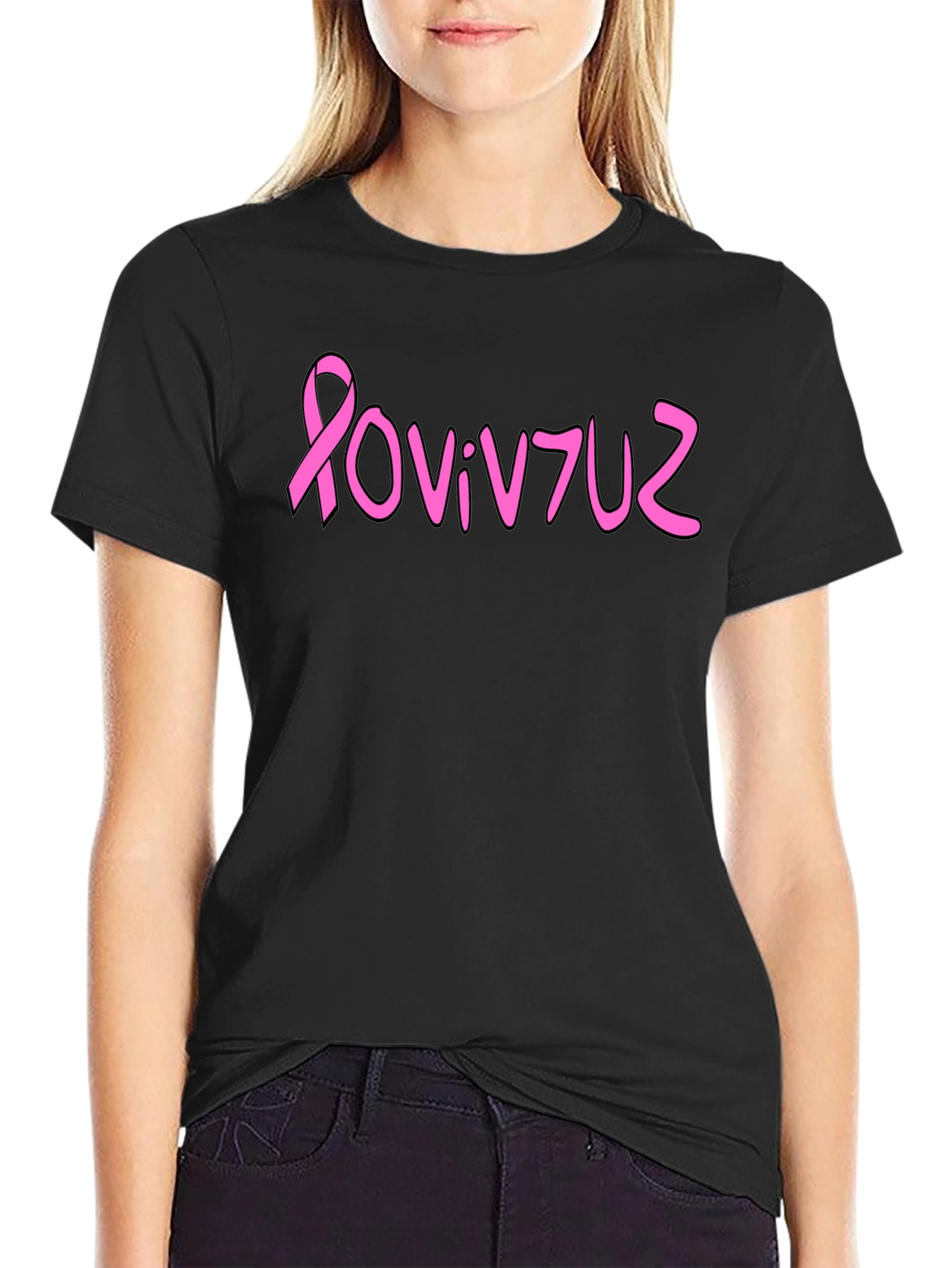 Pink Ribbon Graphic Tee - Black Cotton Blend