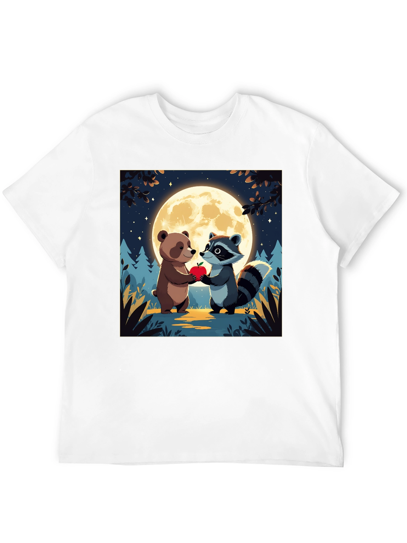 Cute Cartoon Bear & Raccoon Moonlit Apple T-Shirt