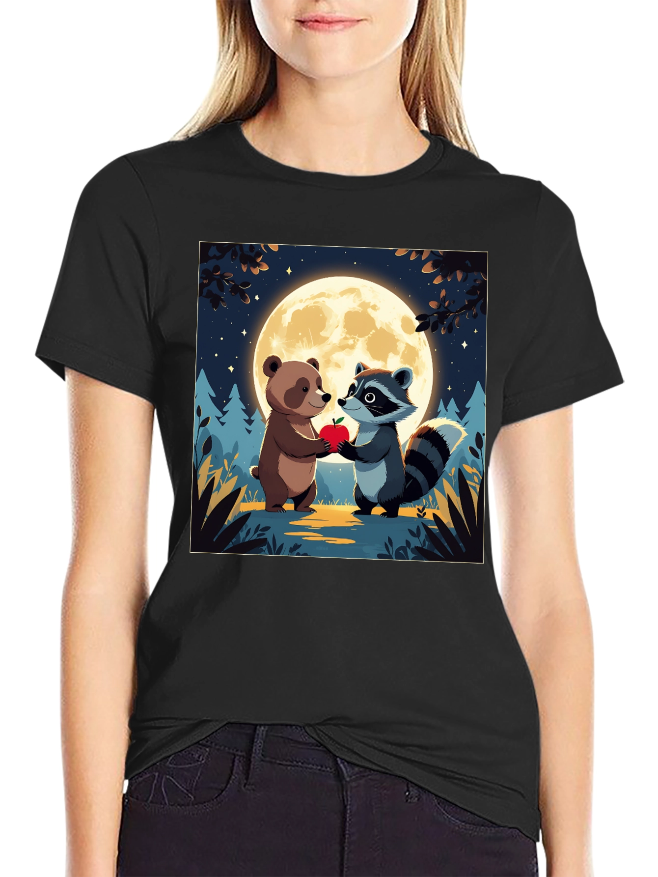 Cute Cartoon Bear & Raccoon Moonlit Apple T-Shirt