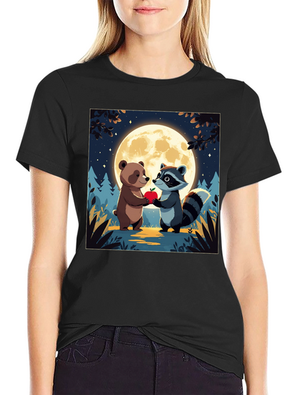 Cute Cartoon Bear & Raccoon Moonlit Apple T-Shirt