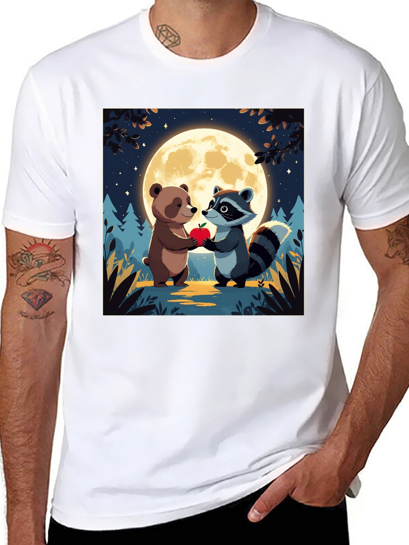 Cute Cartoon Bear & Raccoon Moonlit Apple T-Shirt