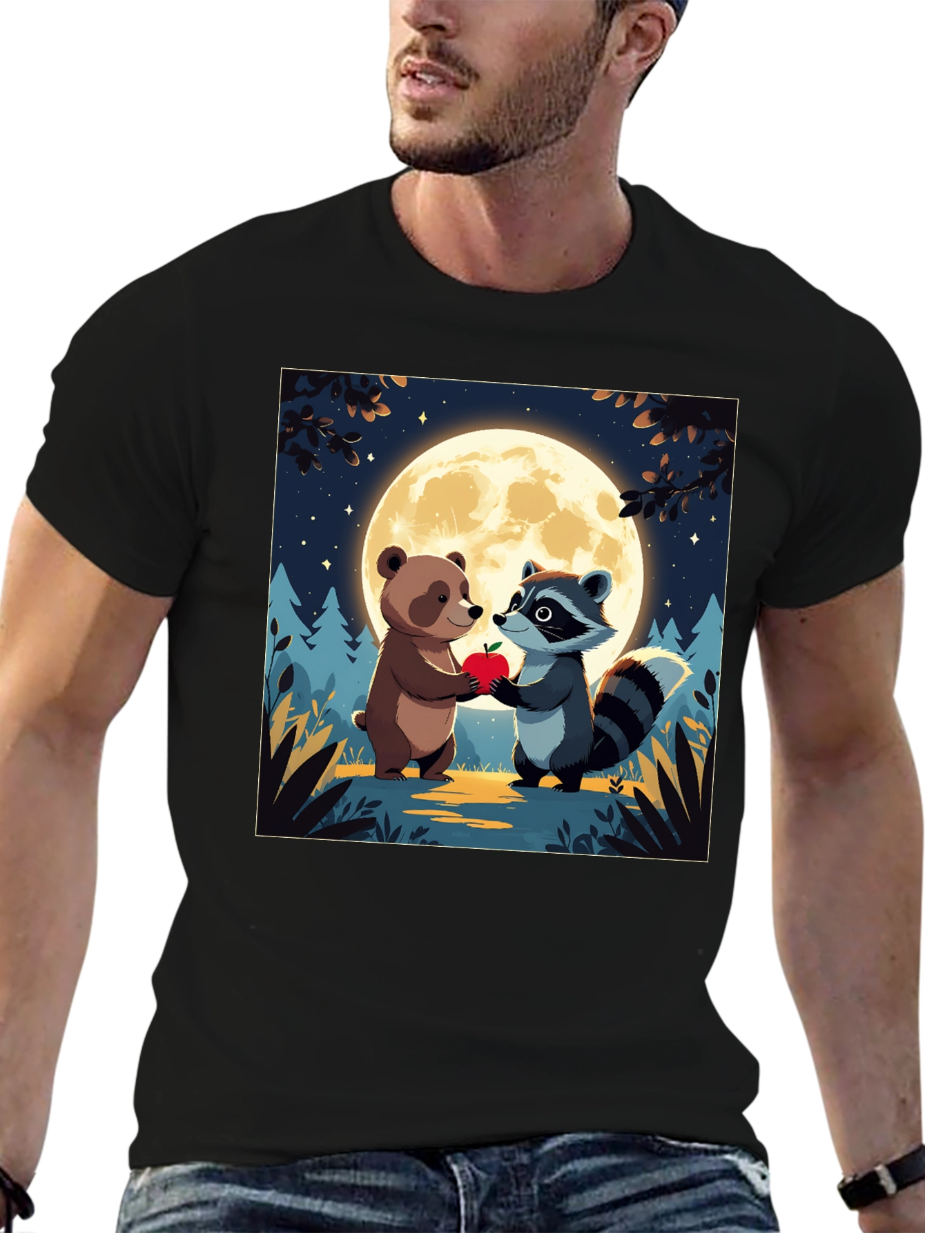 Cute Cartoon Bear & Raccoon Moonlit Apple T-Shirt