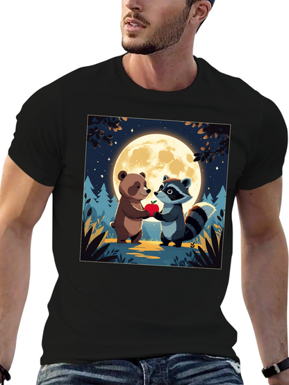 Cute Cartoon Bear & Raccoon Moonlit Apple T-Shirt