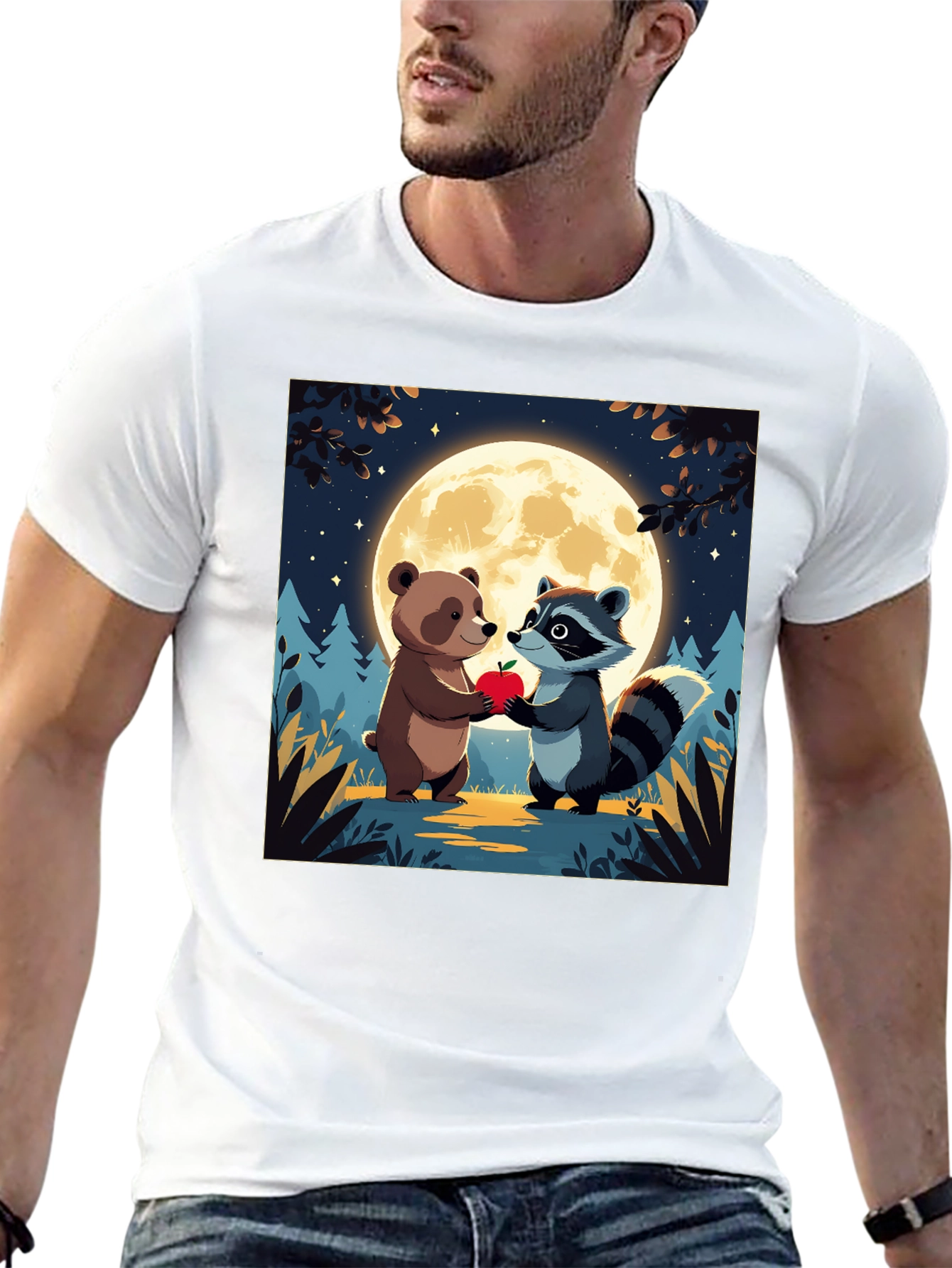 Cute Cartoon Bear & Raccoon Moonlit Apple T-Shirt