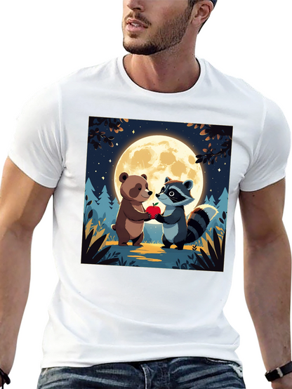 Cute Cartoon Bear & Raccoon Moonlit Apple T-Shirt