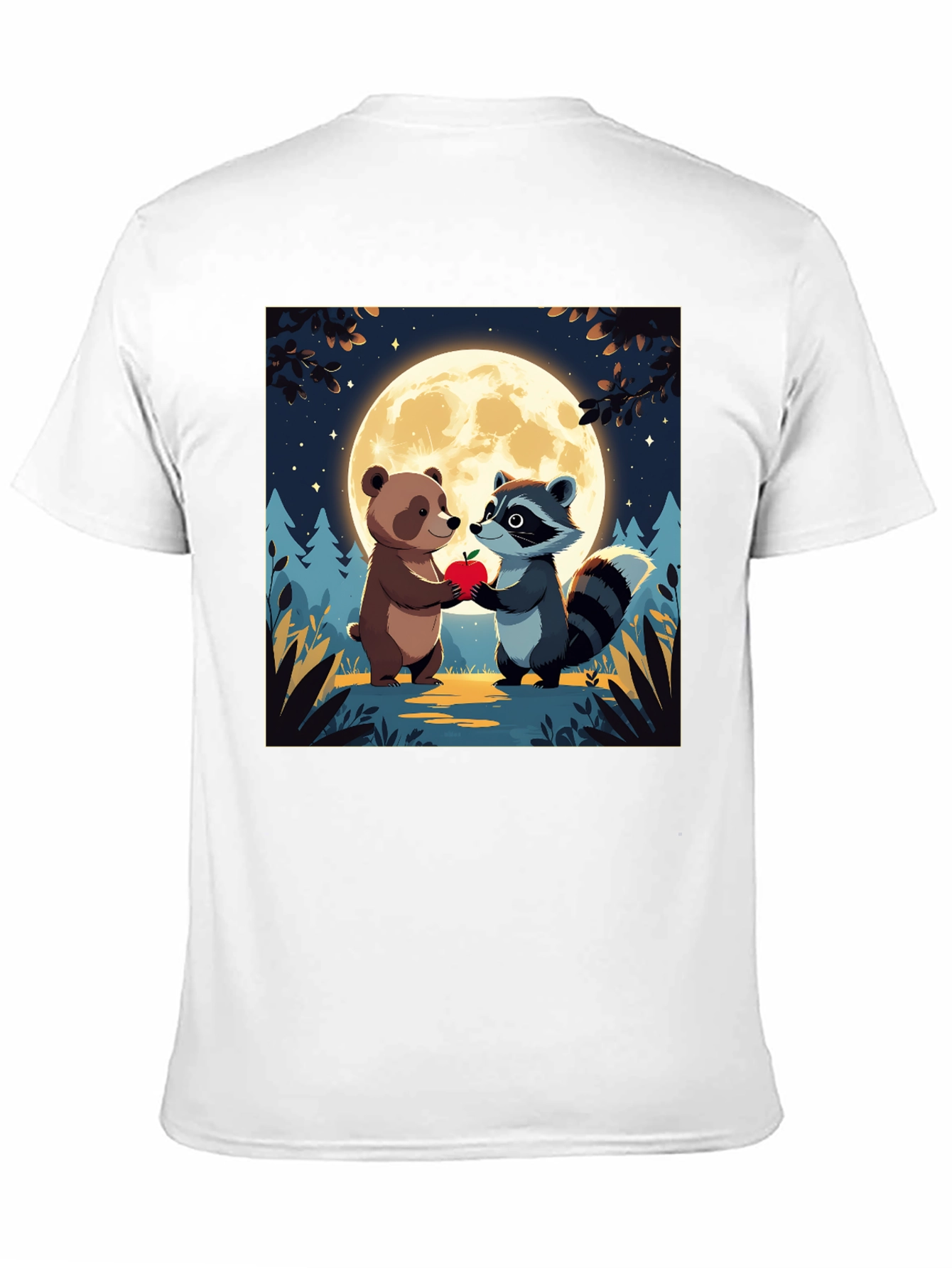 Cute Cartoon Bear & Raccoon Moonlit Apple T-Shirt