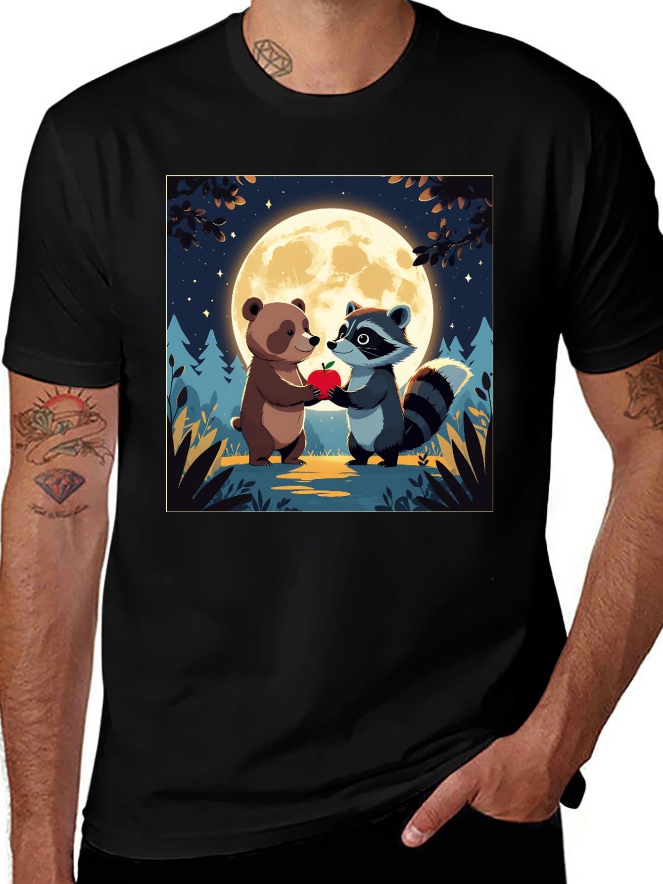 Cute Cartoon Bear & Raccoon Moonlit Apple T-Shirt