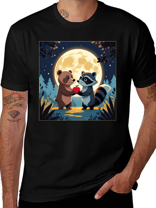 Cute Cartoon Bear & Raccoon Moonlit Apple T-Shirt