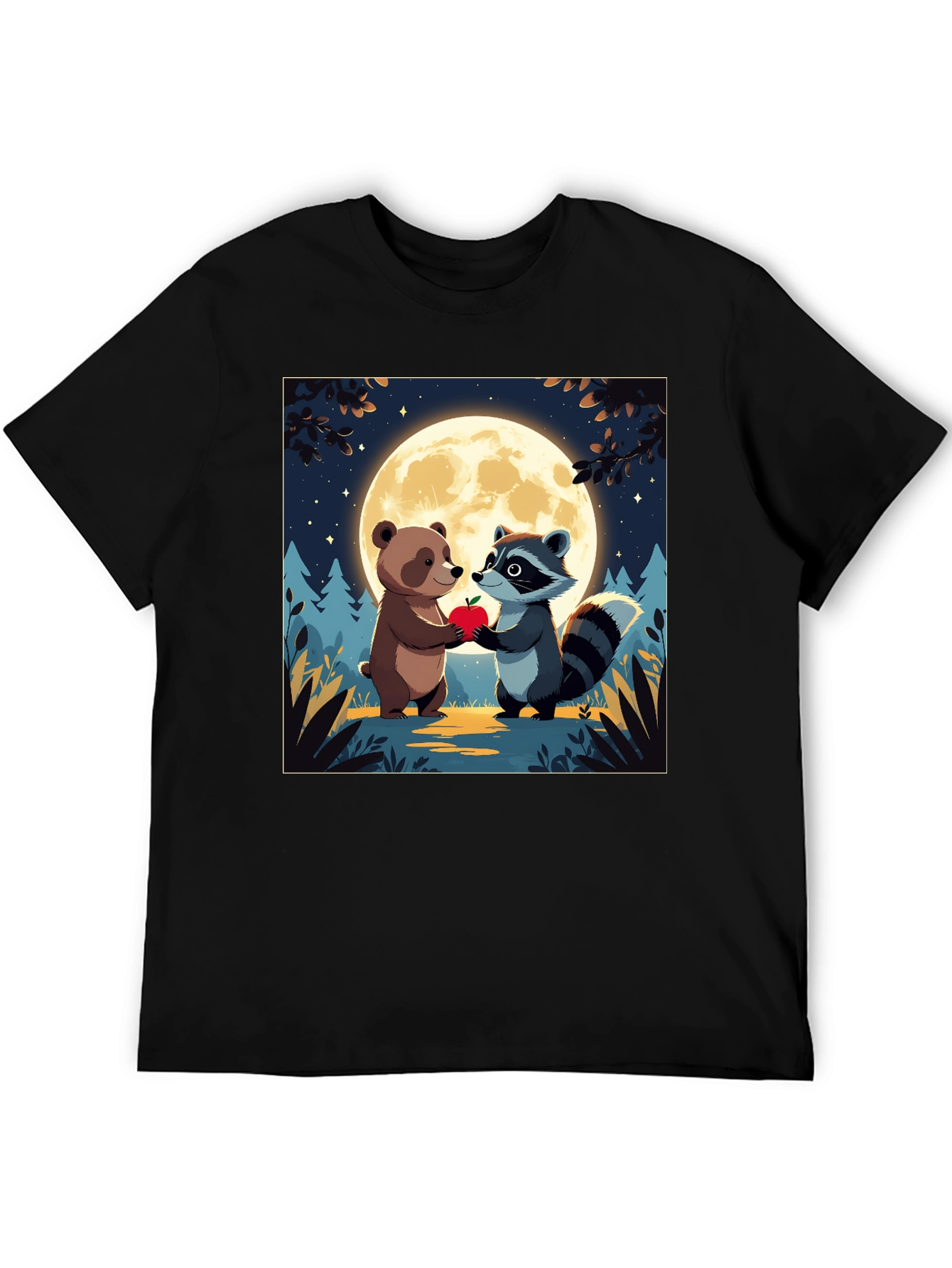 Cute Cartoon Bear & Raccoon Moonlit Apple T-Shirt