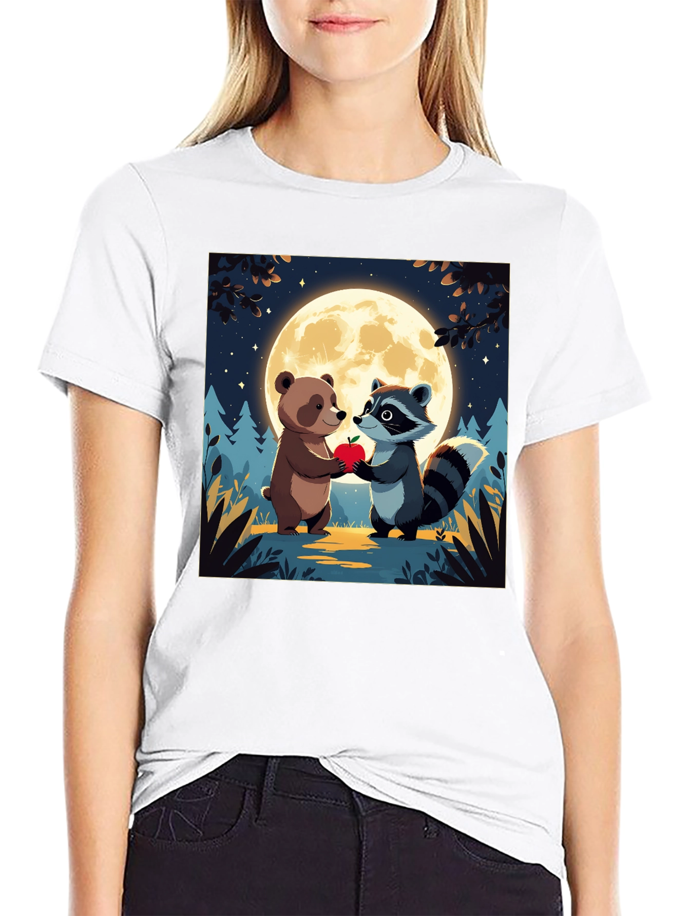 Cute Cartoon Bear & Raccoon Moonlit Apple T-Shirt