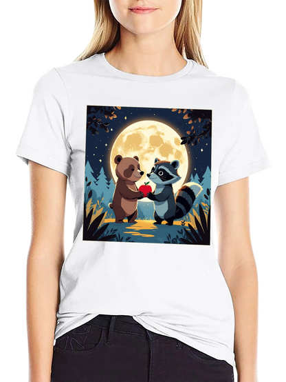 Cute Cartoon Bear & Raccoon Moonlit Apple T-Shirt