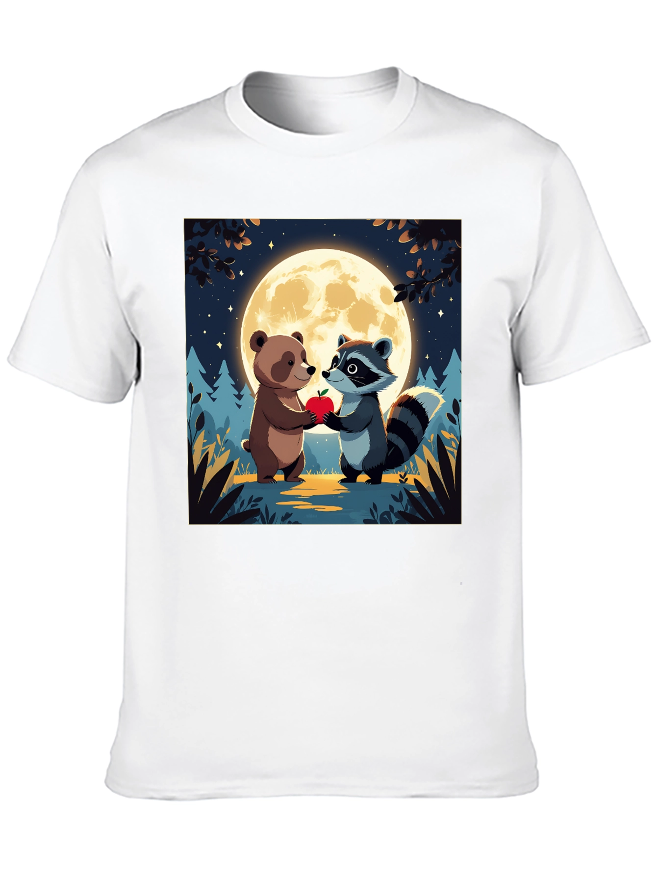 Cute Cartoon Bear & Raccoon Moonlit Apple T-Shirt