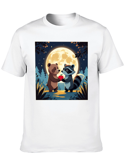 Cute Cartoon Bear & Raccoon Moonlit Apple T-Shirt