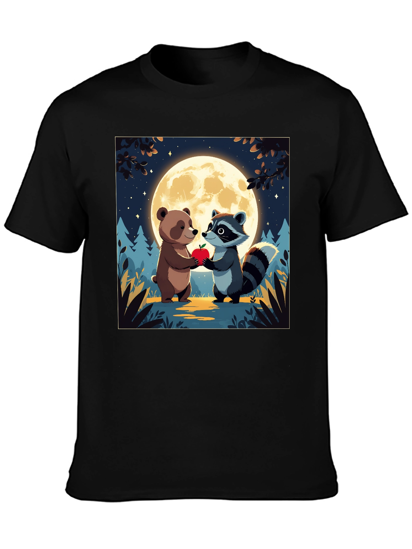 Cute Cartoon Bear & Raccoon Moonlit Apple T-Shirt