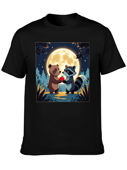 Cute Cartoon Bear & Raccoon Moonlit Apple T-Shirt