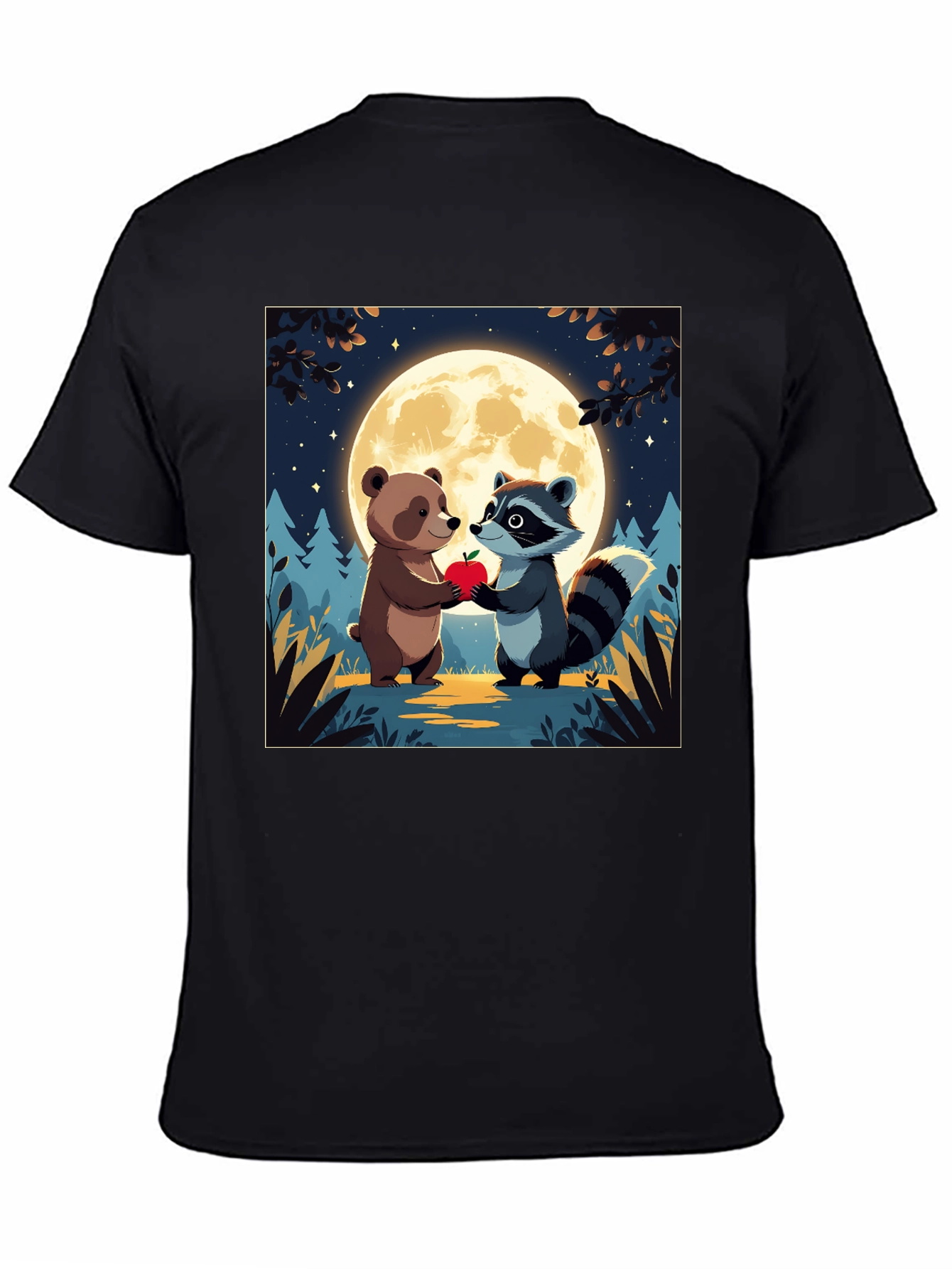 Cute Cartoon Bear & Raccoon Moonlit Apple T-Shirt
