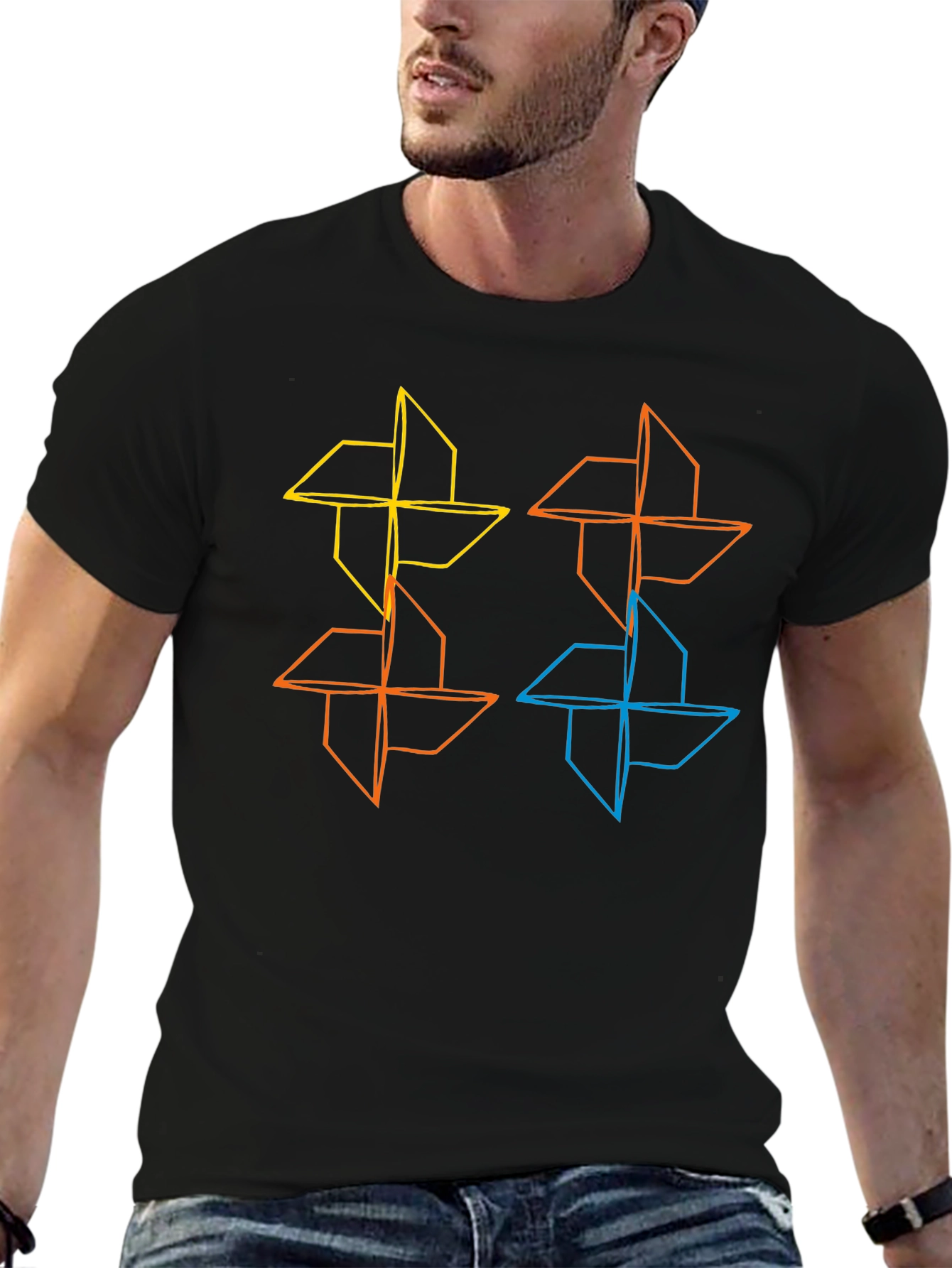 Geometric Pinwheel Design Black T-Shirt
