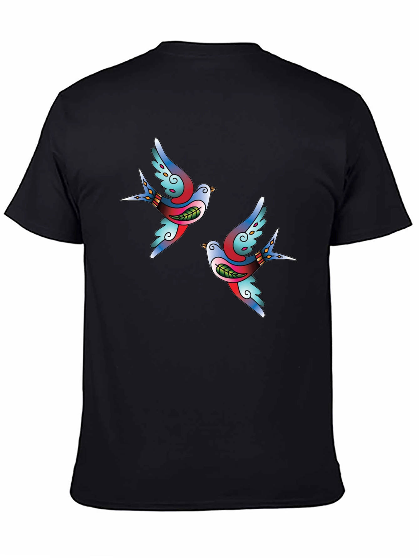 Stylish Black Tee with Swallow Tattoo Print